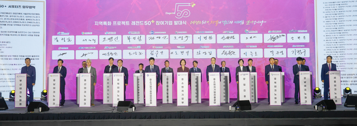 ‘지역특화 프로젝트 레전드 50+ 참여기업 발대식’이 30일 울산 울주군 울산전시컨벤션센터에서 개최된 가운데 레전드 50+ 서포터즈 업무협약식이 진행되고 있다. 이수화 기자